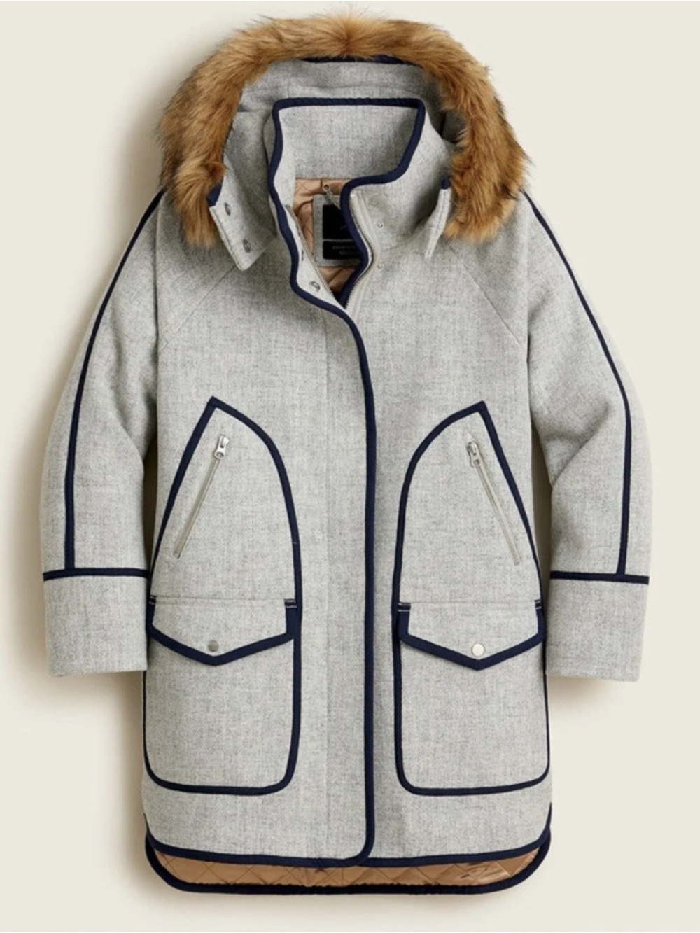J. Crew Light Gray Pea Coat with Navy Trim and Faux-Fur Hood